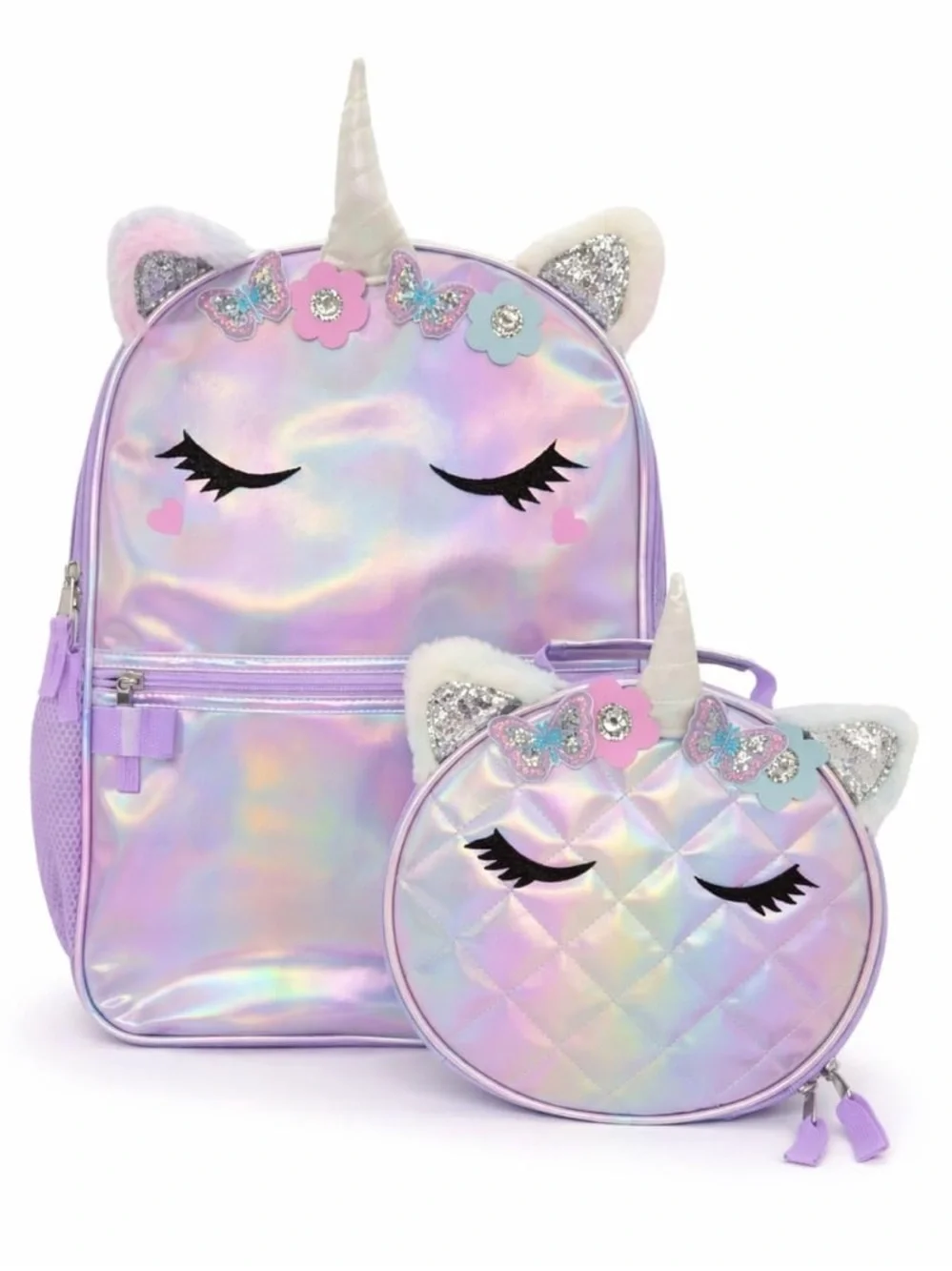 Unicorn Holographic Kids Backpack and Lunch Bag Set - Purple W1